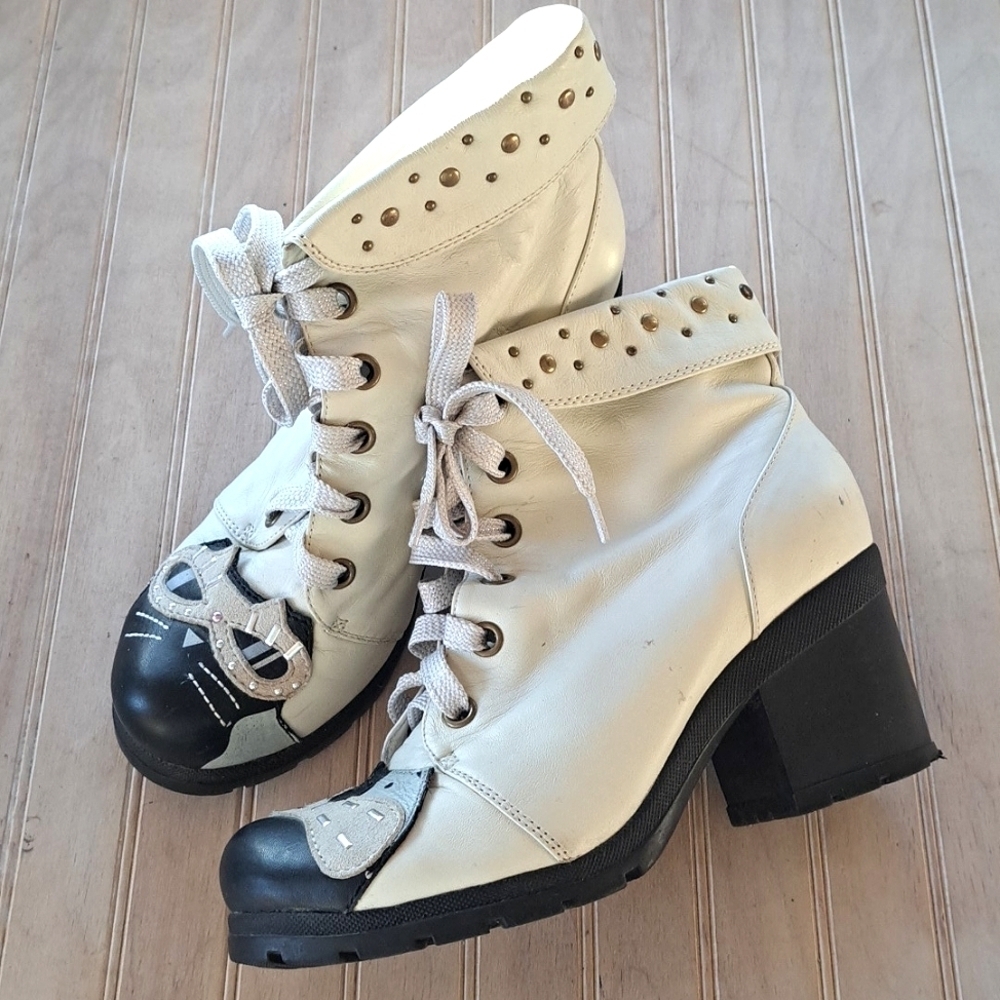 Safiya Combat All Season Cat Studded Leather Block Heel Lace-up Ankle Boots